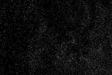 Sıkıntılı beyaz kumlu doku. Toz tabakası desenli. Tahıl gürültüsü partikülleri. Kar efektleri paketi. Paslı siyah arka plan. Vektör illüstrasyonu, EPS 10.  