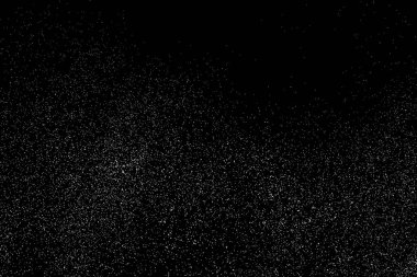 Sıkıntılı beyaz kumlu doku. Toz tabakası desenli. Tahıl gürültüsü partikülleri. Kar efektleri paketi. Paslı siyah arka plan. Vektör illüstrasyonu, EPS 10.  