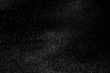 Sıkıntılı beyaz kumlu doku. Toz tabakası desenli. Tahıl gürültüsü partikülleri. Kar efektleri paketi. Paslı siyah arka plan. Vektör illüstrasyonu, EPS 10.  