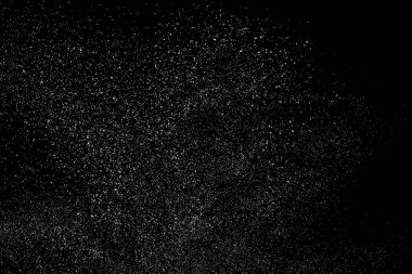 Sıkıntılı beyaz kumlu doku. Toz tabakası desenli. Tahıl gürültüsü partikülleri. Kar efektleri paketi. Paslı siyah arka plan. Vektör illüstrasyonu, EPS 10.  