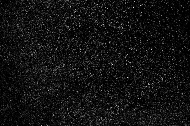 Sıkıntılı beyaz kumlu doku. Toz tabakası desenli. Tahıl gürültüsü partikülleri. Kar efektleri paketi. Paslı siyah arka plan. Vektör illüstrasyonu, EPS 10.  