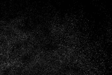 Sıkıntılı beyaz kumlu doku. Toz tabakası desenli. Tahıl gürültüsü partikülleri. Kar efektleri paketi. Paslı siyah arka plan. Vektör illüstrasyonu, EPS 10.  