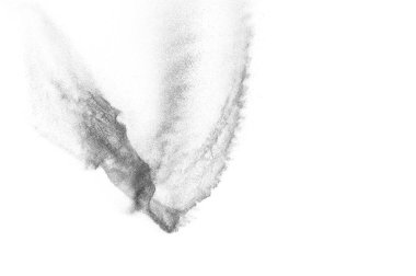 Siyah parçacıklar beyaz zemin üzerinde izole edildi. Soyut toz tabakası dokusu.