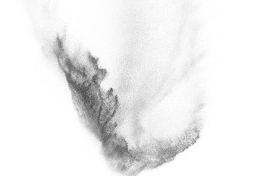 Siyah parçacıklar beyaz zemin üzerinde izole edildi. Soyut toz tabakası dokusu.