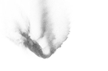 Siyah parçacıklar beyaz zemin üzerinde izole edildi. Soyut toz tabakası dokusu.