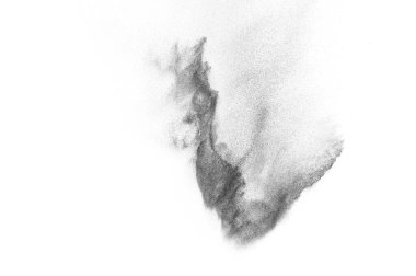 Siyah parçacıklar beyaz zemin üzerinde izole edildi. Soyut toz tabakası dokusu.