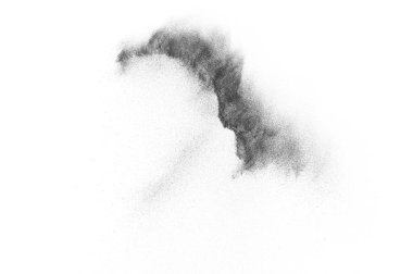 Siyah parçacıklar beyaz zemin üzerinde izole edildi. Soyut toz tabakası dokusu.