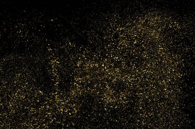 Siyah Arkaplan 'da izole edilmiş altın parıltılı doku. Altın yıldız tozu. Amber Parçacık Rengi. Parıltı Yağmuru. Vektör İllüstrasyonu, Eps 10.