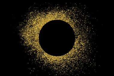 Konfeti 'nin Altın Çerçeve Patlaması. Siyah üzerine izole edilmiş altın rengi parıltı dokusu. Mesaj için yer var. Kutlama arkaplanı. Vektör İllüstrasyonu, Eps 10.