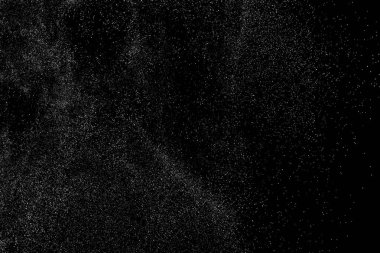 Sıkıntılı beyaz kumlu doku. Toz tabakası desenli. Tahıl gürültüsü partikülleri. Kar efektleri paketi. Paslı siyah arka plan. Vektör illüstrasyonu, EPS 10.  