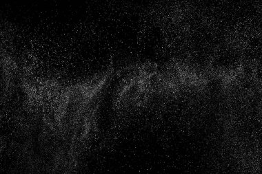 Sıkıntılı beyaz kumlu doku. Toz tabakası desenli. Tahıl gürültüsü partikülleri. Kar efektleri paketi. Paslı siyah arka plan. Vektör illüstrasyonu, EPS 10.  