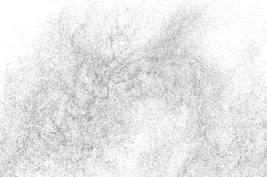 Sıkıntılı siyah doku. Beyaz arka planda koyu kumlu bir doku. Toz tabakası desenli. Tahıl gürültüsü partikülleri. Paslanmış beyaz efekt. Grunge tasarım elementleri. Vektör illüstrasyonu, EPS 10.