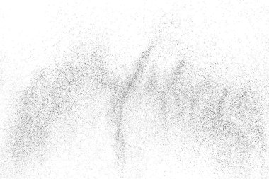 Sıkıntılı siyah doku. Beyaz arka planda koyu kumlu bir doku. Toz tabakası desenli. Tahıl gürültüsü partikülleri. Paslanmış beyaz efekt. Grunge tasarım elementleri. Vektör illüstrasyonu, EPS 10.