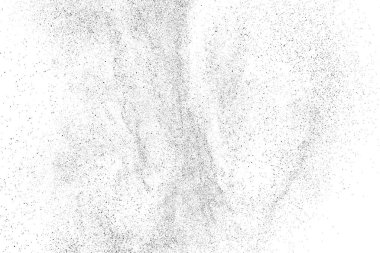 Sıkıntılı siyah doku. Beyaz arka planda koyu kumlu bir doku. Toz tabakası desenli. Tahıl gürültüsü partikülleri. Paslanmış beyaz efekt. Grunge tasarım elementleri. Vektör illüstrasyonu, EPS 10.