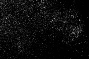 Sıkıntılı beyaz kumlu doku. Toz tabakası desenli. Tahıl gürültüsü partikülleri. Kar efektleri paketi. Paslı siyah arka plan. Vektör illüstrasyonu, EPS 10.  