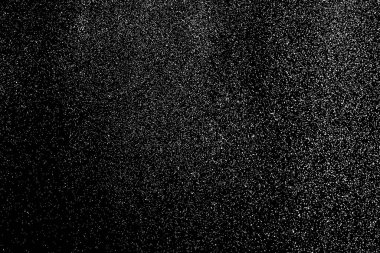 Sıkıntılı beyaz kumlu doku. Toz tabakası desenli. Tahıl gürültüsü partikülleri. Kar efektleri paketi. Paslı siyah arka plan. Vektör illüstrasyonu, EPS 10.  