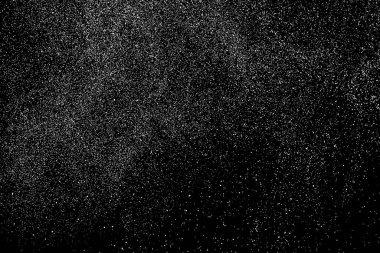 Sıkıntılı beyaz kumlu doku. Toz tabakası desenli. Tahıl gürültüsü partikülleri. Kar efektleri paketi. Paslı siyah arka plan. Vektör illüstrasyonu, EPS 10.  