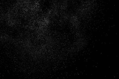 Sıkıntılı beyaz kumlu doku. Toz tabakası desenli. Tahıl gürültüsü partikülleri. Kar efektleri paketi. Paslı siyah arka plan. Vektör illüstrasyonu, EPS 10.  