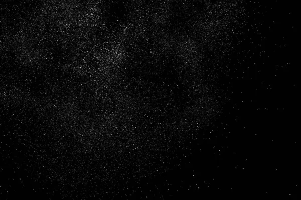 Sıkıntılı beyaz kumlu doku. Toz tabakası desenli. Tahıl gürültüsü partikülleri. Kar efektleri paketi. Paslı siyah arka plan. Vektör illüstrasyonu, EPS 10.  