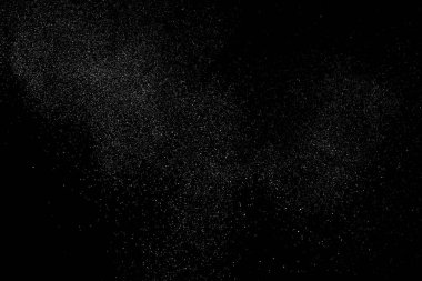 Sıkıntılı beyaz kumlu doku. Toz tabakası desenli. Tahıl gürültüsü partikülleri. Kar etkisi. Paslı siyah arka plan. Vektör illüstrasyonu, EPS 10.  