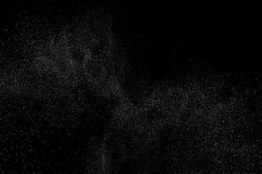 Sıkıntılı beyaz kumlu doku. Toz tabakası desenli. Tahıl gürültüsü partikülleri. Kar etkisi. Paslı siyah arka plan. Vektör illüstrasyonu, EPS 10.  