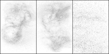 Bir dizi sıkıntılı siyah doku. Beyaz arka planda koyu kumlu bir doku. Toz tabakası desenli. Tahıl gürültüsü partikülleri. Paslanmış beyaz efekt. Yarı ton vektör illüstrasyonu, Eps 10.