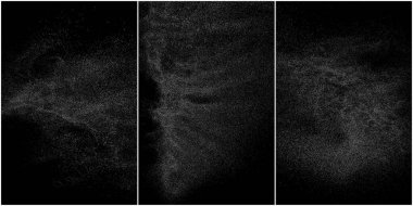 Sıkıntılı beyaz taneli doku seti. Toz tabakası desenli. Tahıl gürültüsü partikülleri. Kar efektleri paketi. Paslı siyah arka plan. Vektör illüstrasyonu, EPS 10.   