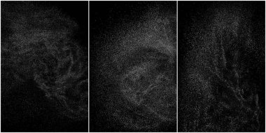 Sıkıntılı beyaz taneli doku seti. Toz tabakası desenli. Tahıl gürültüsü partikülleri. Kar efektleri paketi. Paslı siyah arka plan. Vektör illüstrasyonu, EPS 10.   