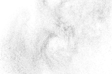 Sıkıntılı siyah doku. Beyaz arka planda koyu kumlu bir doku. Toz tabakası desenli. Tahıl gürültüsü partikülleri. Paslanmış beyaz efekt. Grunge tasarım elementleri. Vektör illüstrasyonu, EPS 10.