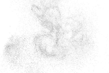 Sıkıntılı siyah doku. Beyaz arka planda koyu kumlu bir doku. Toz tabakası desenli. Tahıl gürültüsü partikülleri. Paslanmış beyaz efekt. Grunge tasarım elementleri. Vektör illüstrasyonu, EPS 10.