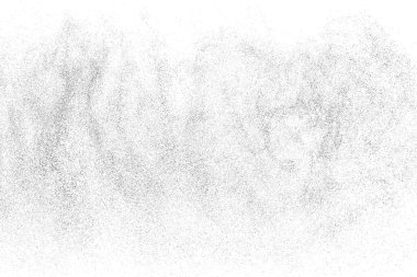 Sıkıntılı siyah doku. Beyaz arka planda koyu kumlu bir doku. Toz tabakası desenli. Tahıl gürültüsü partikülleri. Paslanmış beyaz efekt. Grunge tasarım elementleri. Vektör illüstrasyonu, EPS 10.