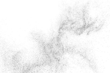 Sıkıntılı siyah doku. Beyaz arka planda koyu kumlu bir doku. Toz tabakası desenli. Tahıl gürültüsü partikülleri. Paslanmış beyaz efekt. Grunge tasarım elementleri. Vektör illüstrasyonu, EPS 10.