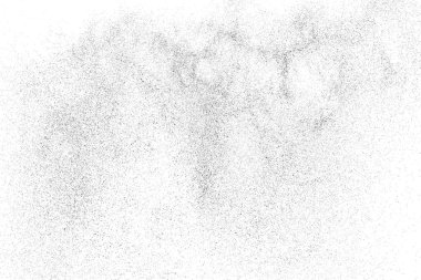 Sıkıntılı siyah doku. Beyaz arka planda koyu kumlu bir doku. Toz tabakası desenli. Tahıl gürültüsü partikülleri. Paslanmış beyaz efekt. Grunge tasarım elementleri. Vektör illüstrasyonu, EPS 10.