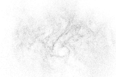 Sıkıntılı siyah doku. Beyaz arka planda koyu kumlu bir doku. Toz tabakası desenli. Tahıl gürültüsü partikülleri. Paslanmış beyaz efekt. Grunge tasarım elementleri. Vektör illüstrasyonu, EPS 10.