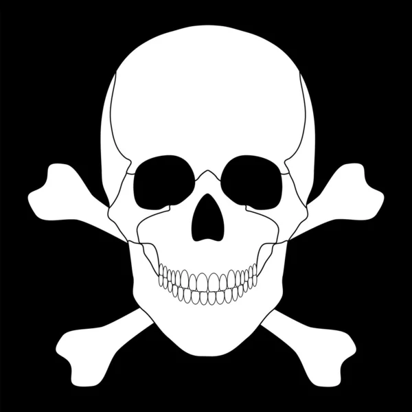 Weißer Schädel und Kreuzknochen auf schwarzem Hintergrund — Stockvektor