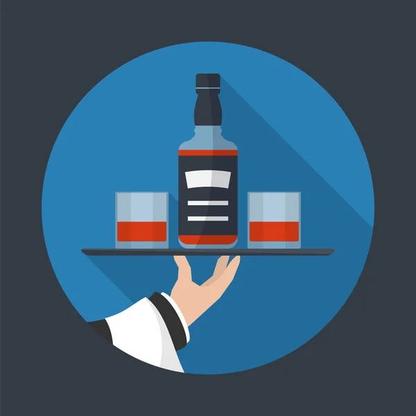 Официант с бутылкой виски и двумя стаканами — стоковый вектор
