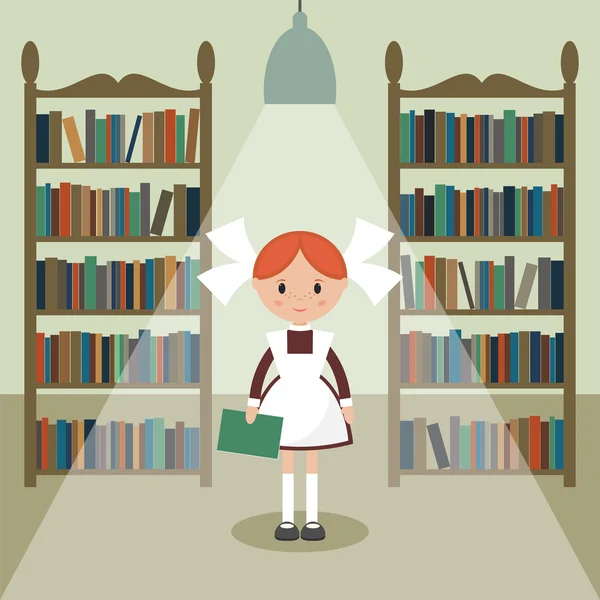 Soviet cartoon schoolgirl in library. — Stock Vector