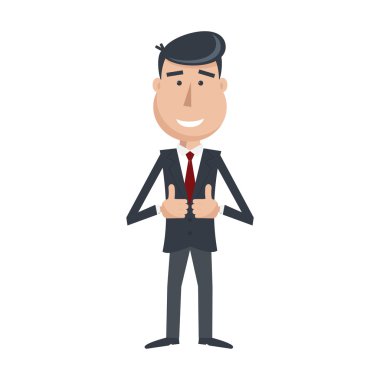 Takım elbise ve kravat, komik adam ellerini simgesi gibi gösterir.