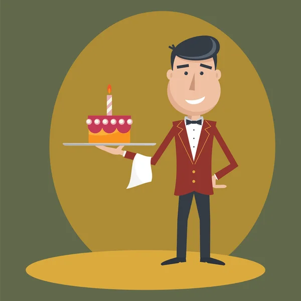 Camarero con pastel de cumpleaños  . — Vector de stock