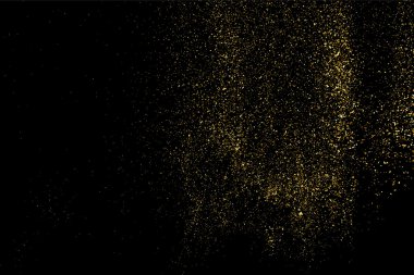 Siyah arka planda altın rengi parıltı dokusu. Tatil geçmişi. Altın konfeti patlaması. Siyah arkaplandaki altın taneli soyut doku. Tasarım elemanı. Vektör illüstrasyonuName.