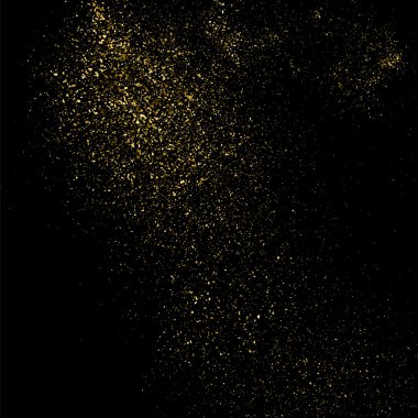 Siyah arka planda altın rengi parıltı dokusu. Altın konfeti patlaması. Siyah arkaplandaki altın taneli soyut doku. Tasarım elemanı. Vektör illüstrasyonuName.