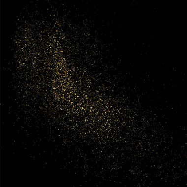 Siyah arka planda altın rengi parıltı dokusu. Altın konfeti patlaması. Siyah arkaplandaki altın taneli soyut doku. Tasarım elemanı. Vektör illüstrasyonuName.