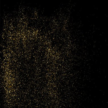 Siyah arka planda altın rengi parıltı dokusu. Altın konfeti patlaması. Siyah arkaplandaki altın taneli soyut doku. Tasarım elemanı. Vektör illüstrasyonuName.