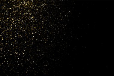 Siyah arka planda altın rengi parıltı dokusu. Tatil geçmişi. Altın konfeti patlaması. Siyah arkaplandaki altın taneli soyut doku. Tasarım elemanı. Vektör illüstrasyonuName.