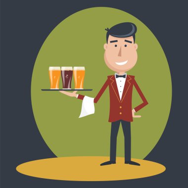 Garson üç bardak bira ile.