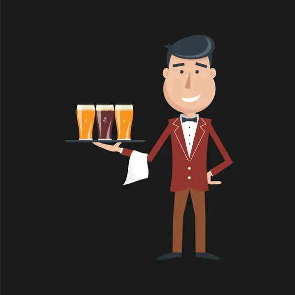 Serveur avec trois verres de bière . — Image vectorielle