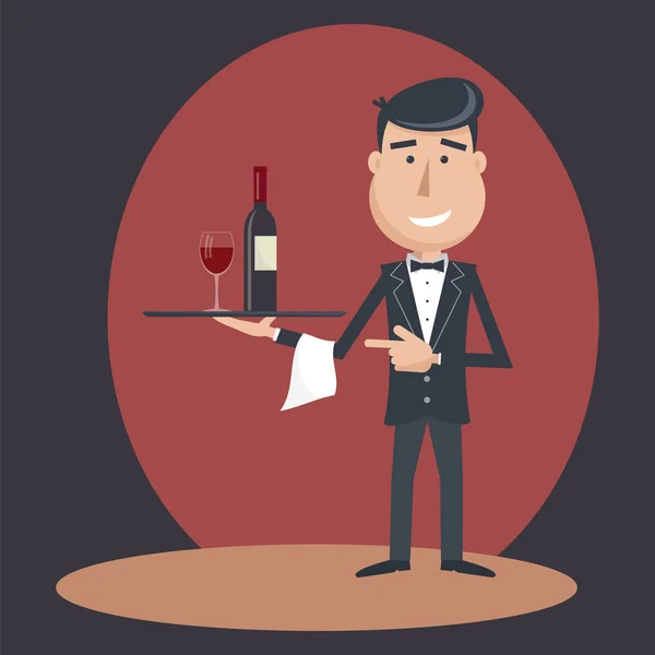Cameriere con bottiglia di vino e bicchiere di vino . — Vettoriale Stock