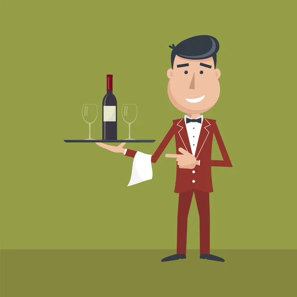 Σερβιτόρος με μπουκάλι κρασί και ποτήρι κρασί. — Διανυσματικό Αρχείο