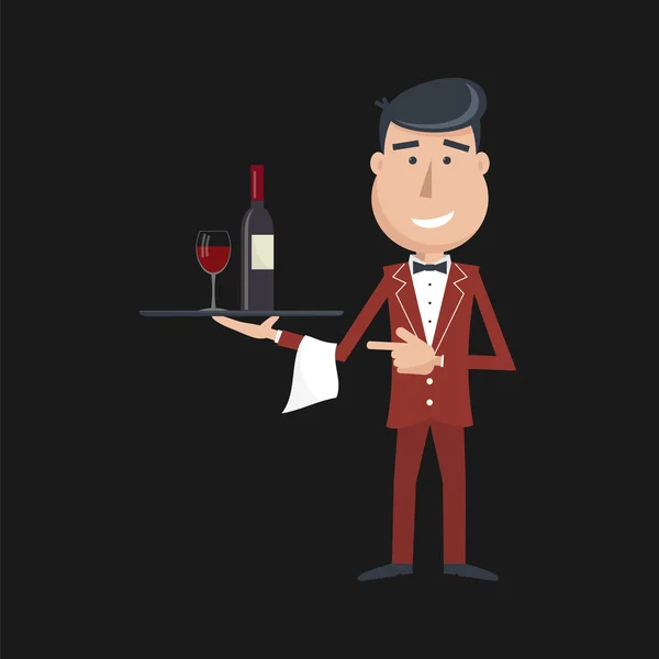Camarero con botella de vino y copa de vino . — Vector de stock