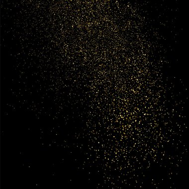 Siyah arka planda altın rengi parıltı dokusu. Altın konfeti patlaması. Siyah arkaplandaki altın taneli soyut doku. Tasarım elemanı. Vektör illüstrasyonuName.